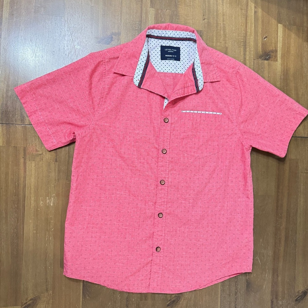 Level Ten Boys Coral Pink Short Sleeve Button Down Shirt Size Medium 10-12